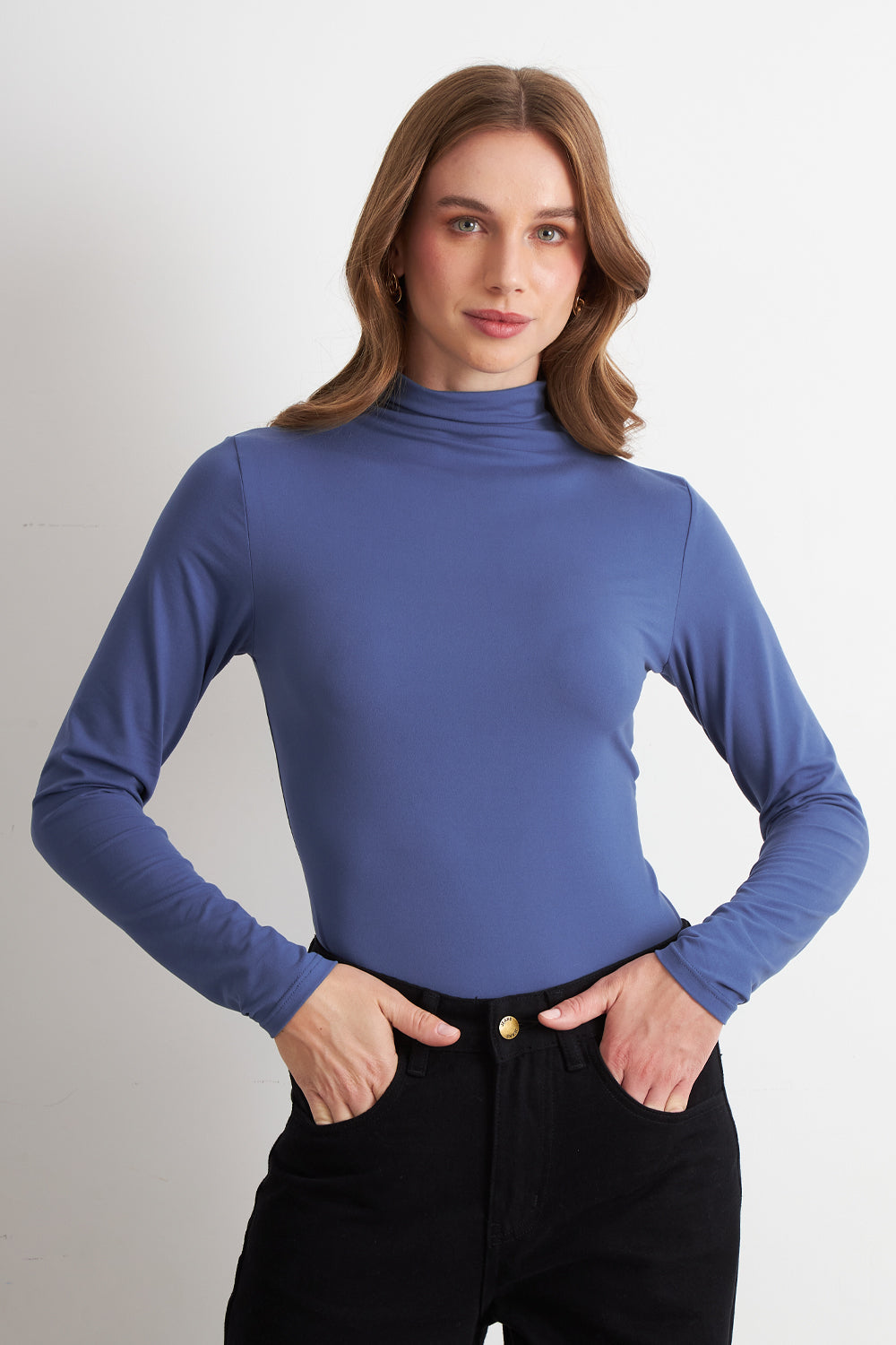 Polera Manga Larga Cuello Alto Azul