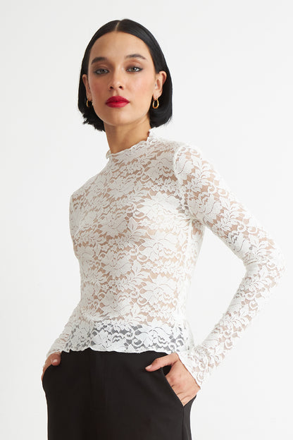 Polera Encaje Cuello Alto Blanco