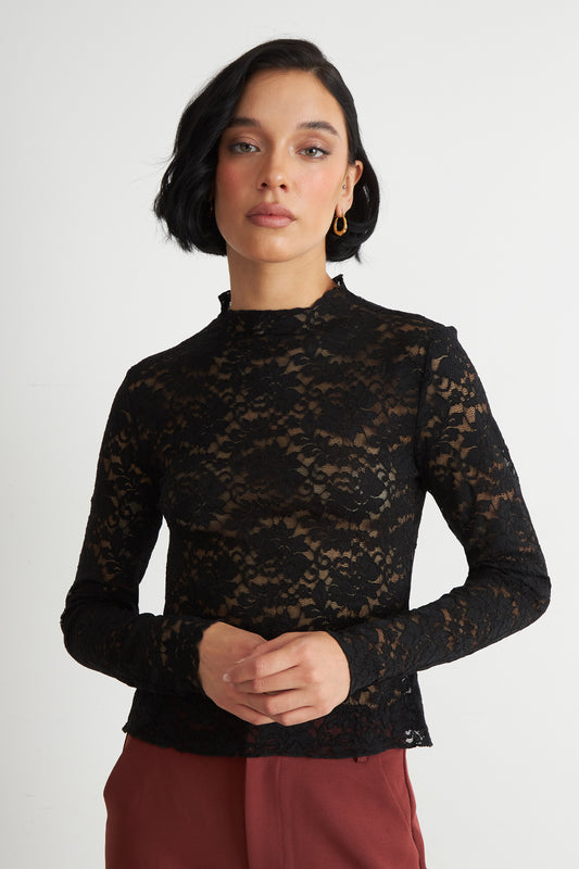 Polera Encaje Cuello Alto Negro