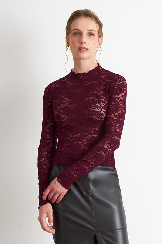 Polera Encaje Cuello Alto Burdeo
