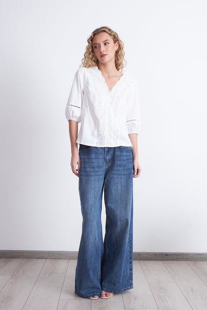 Blusa Encaje Manga Globo Blanco