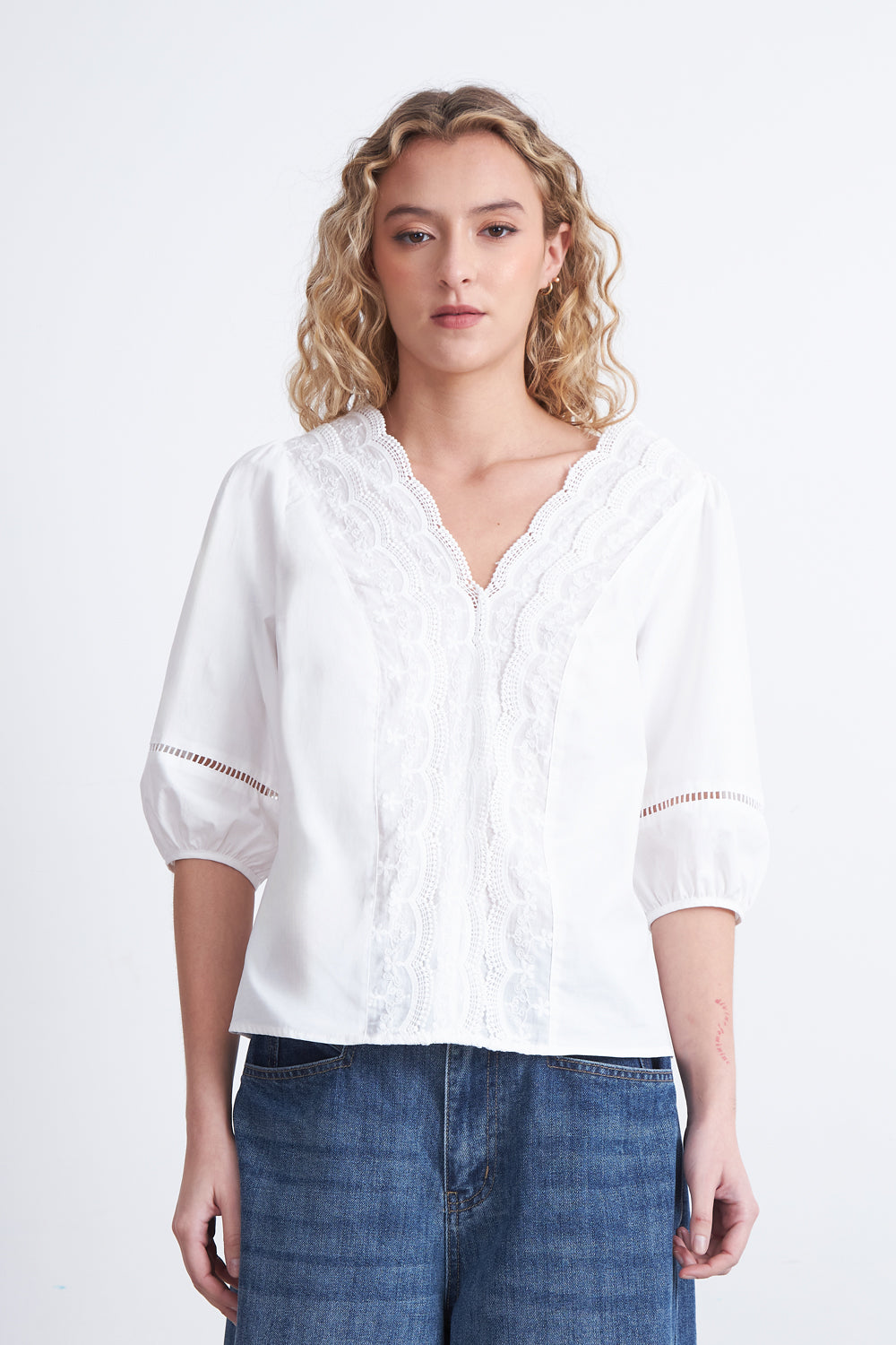 Blusa Encaje Manga Globo Blanco