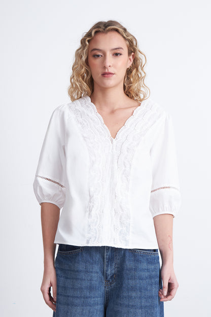 Blusa Encaje Manga Globo Blanco