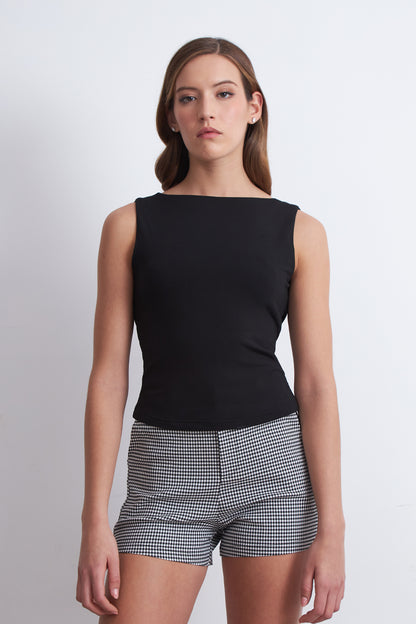 Top Cuello Bote Espalda Drapeada Negro