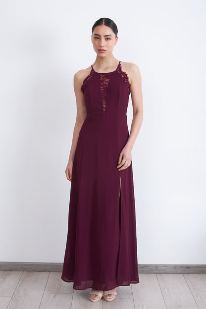 Vestido Largo Halter Detalle Encaje Burdeo