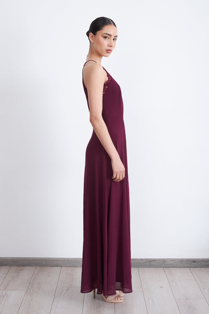 Vestido Largo Halter Detalle Encaje Burdeo
