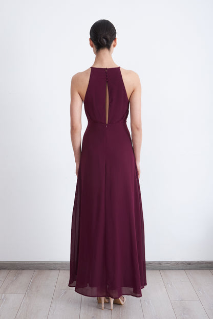 Vestido Largo Halter Detalle Encaje Burdeo