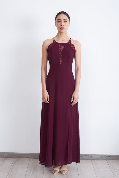 Vestido Largo Halter Detalle Encaje Burdeo