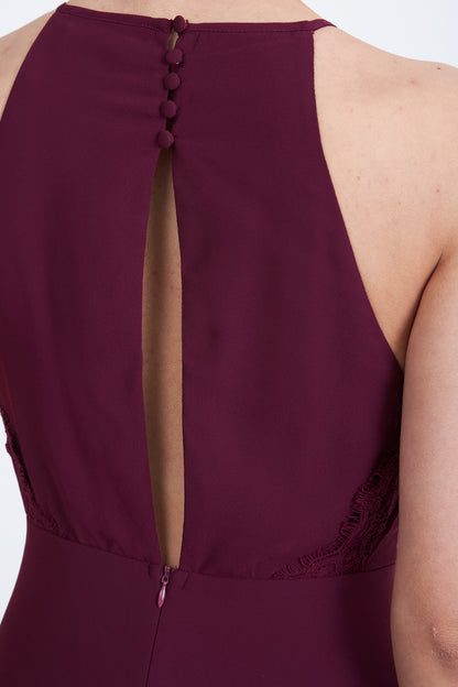 Vestido Largo Halter Detalle Encaje Burdeo