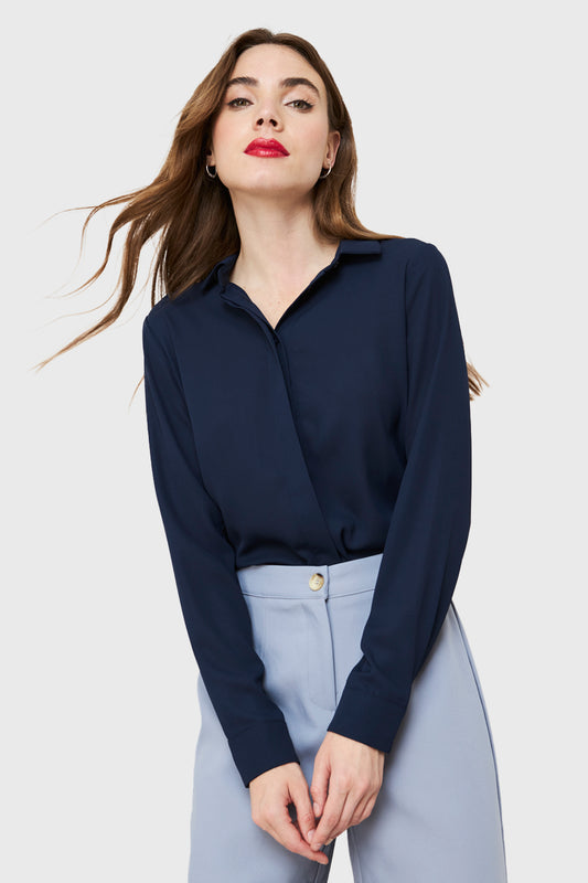 Blusa Básica Botonera Invisible Azul Marino
