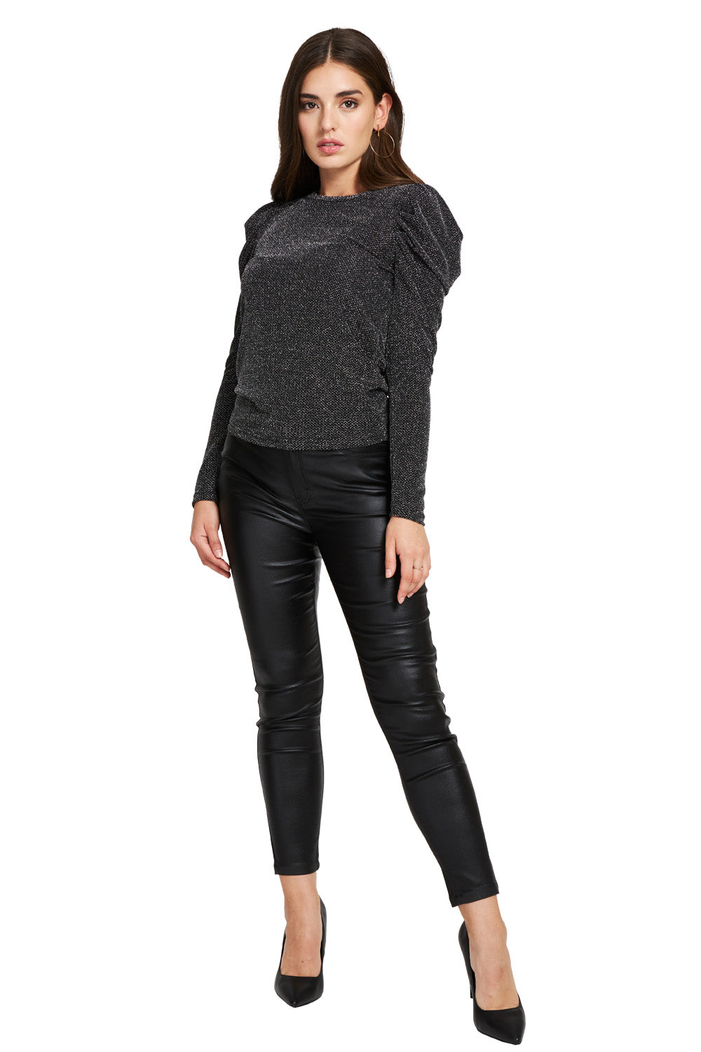 Polera Brillo Manga Drapeada Negro