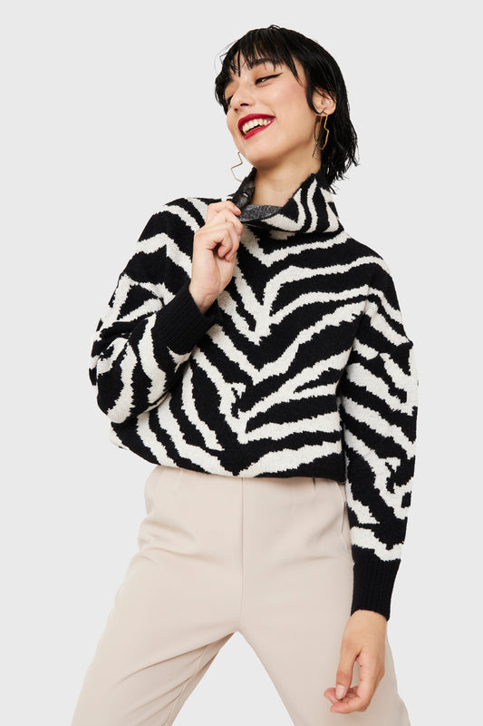 Sweater Atigrado Cuello Alto Negro