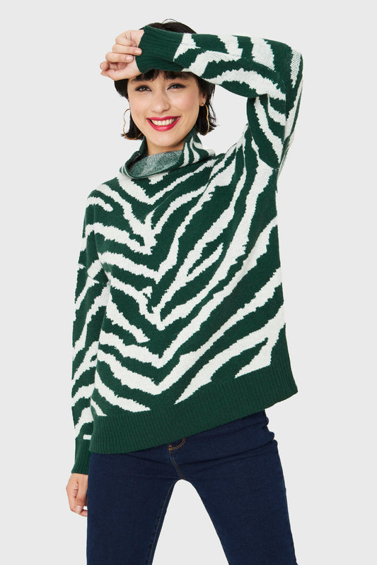 Sweater Atigrado Cuello Alto Verde