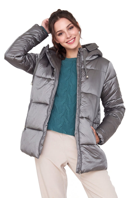 Parka Corta Metalizada Gorro Gris