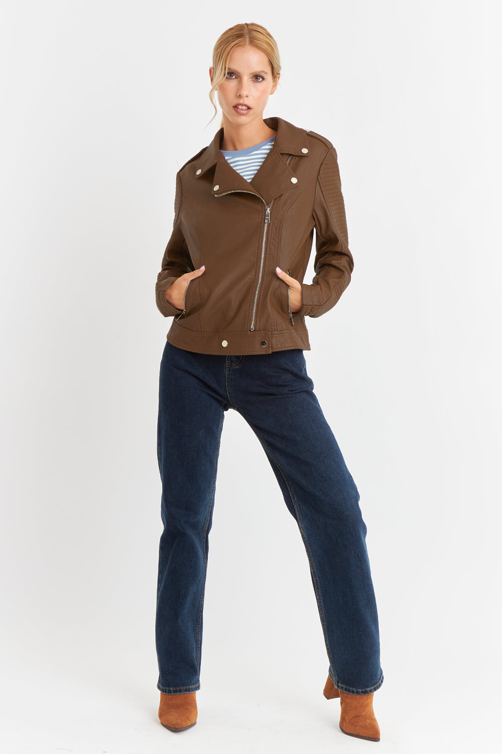 Chaqueta Ecocuero Tipo Biker Café