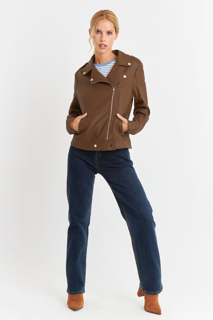 Chaqueta Ecocuero Tipo Biker Café