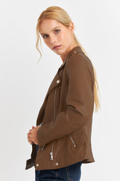 Chaqueta Ecocuero Tipo Biker Café