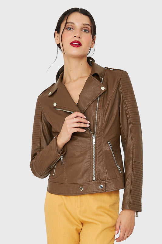 Chaqueta Biker Ecocuero Café