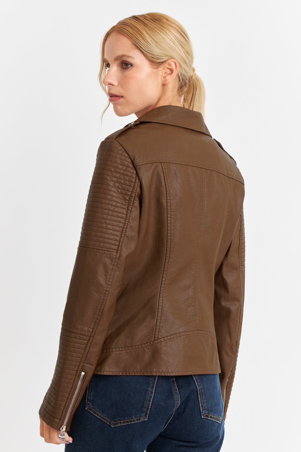 Chaqueta Ecocuero Tipo Biker Café