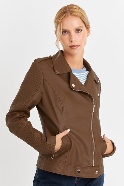 Chaqueta Ecocuero Tipo Biker Café
