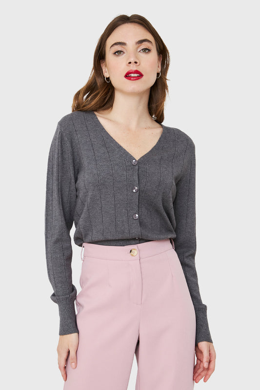 Cárdigan Acanalado Botones Gris