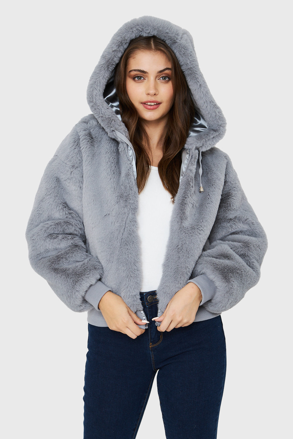 Chaqueta Pelo Gorro Gris