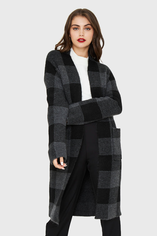 Cárdigan Largo Cuadros Grafito