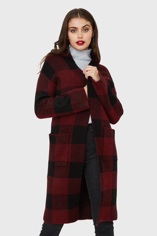 Cárdigan Largo Cuadros Rojo
