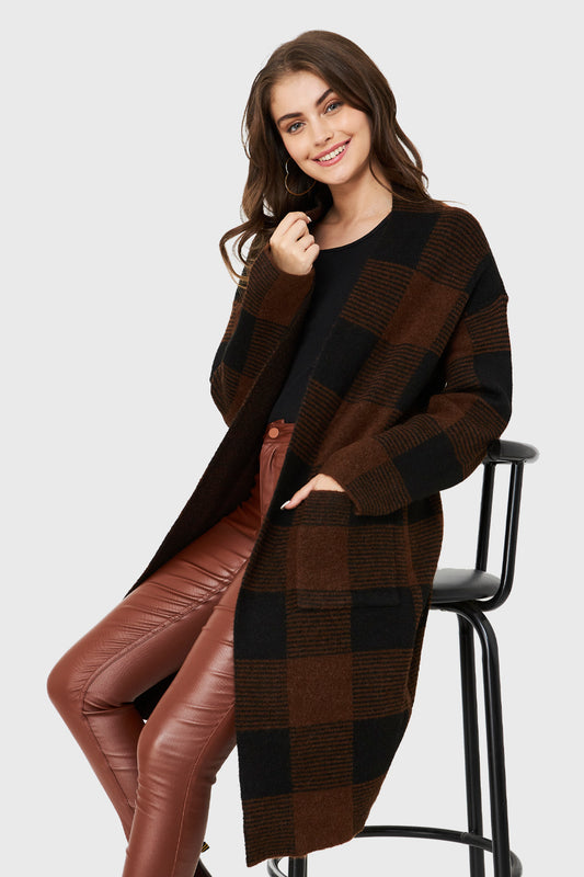Cárdigan Largo Cuadros Café
