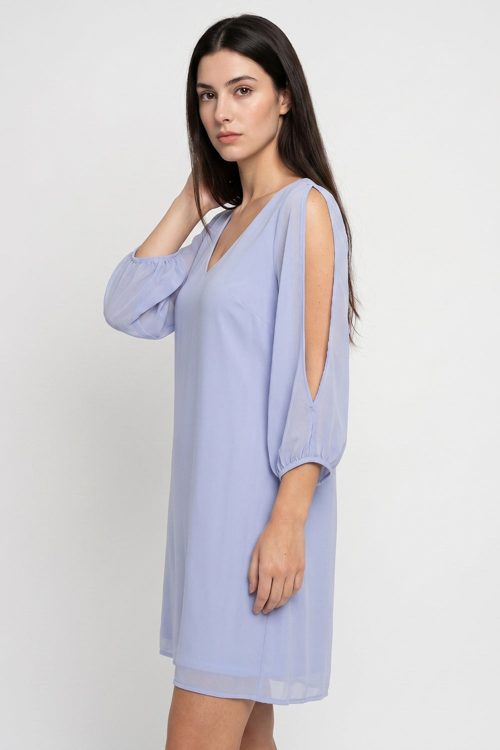 Vestido Corto Aberturas Mangas Celeste