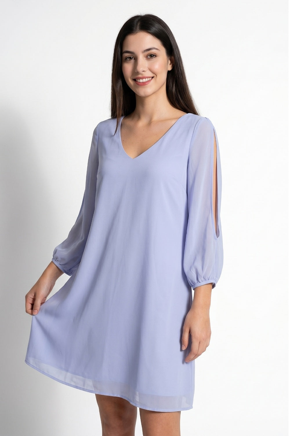 Vestido Corto Aberturas Mangas Celeste