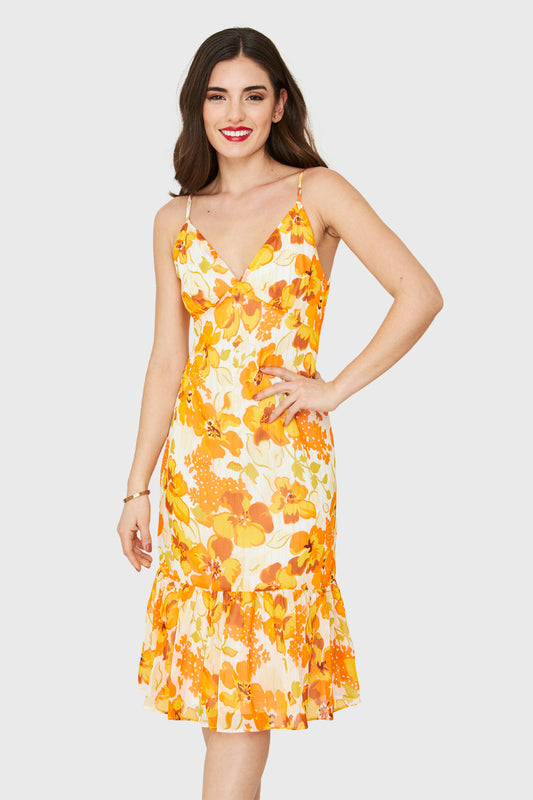 Vestido Flores Detalles Dorados Amarillo