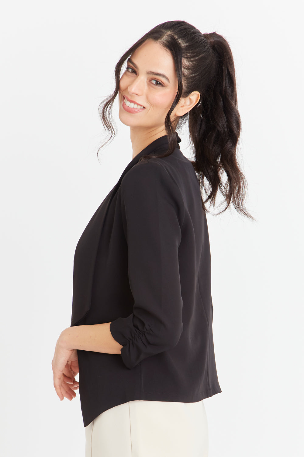Blazer Manga Detalle Drapeado Negro
