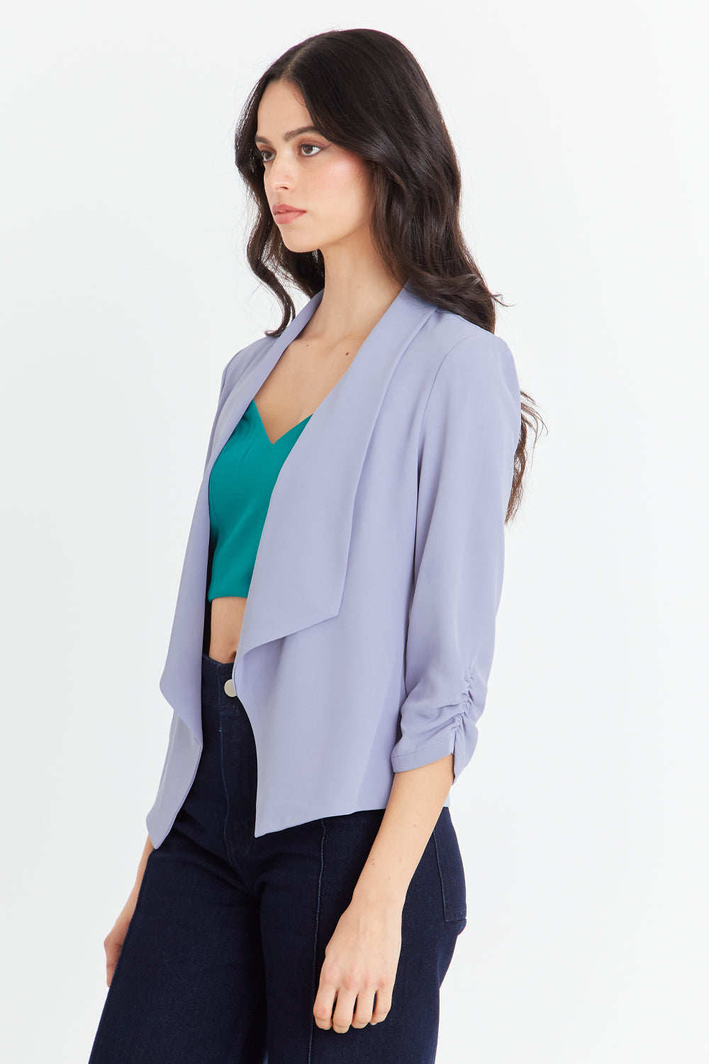 Blazer Manga Detalle Drapeado Celeste