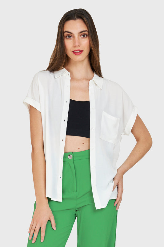 Camisa Manga Corta Con Dobladillo Blanco