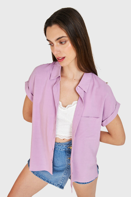 Camisa Manga Corta Con Dobladillo Lila