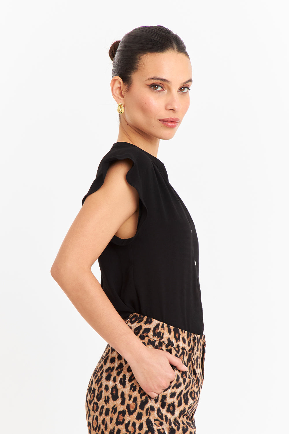 Blusa Cuello Mao Botones Negro