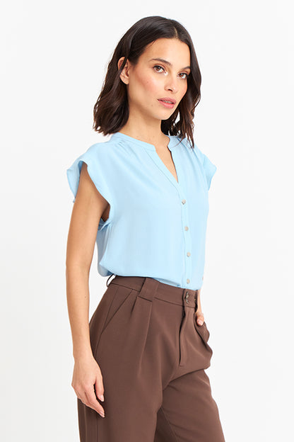 Blusa Cuello Mao Botones Celeste