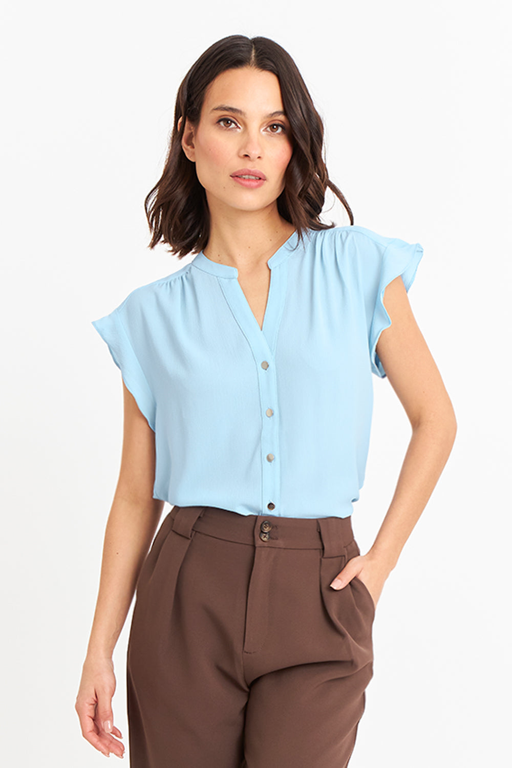 Blusa Cuello Mao Botones Celeste