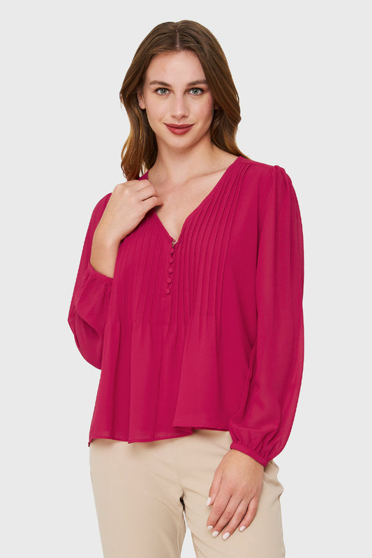 Blusa Pliegues y Vuelos Rojo Amaranto