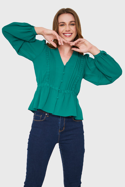 Blusa Peplum Botones Verde Esmeralda