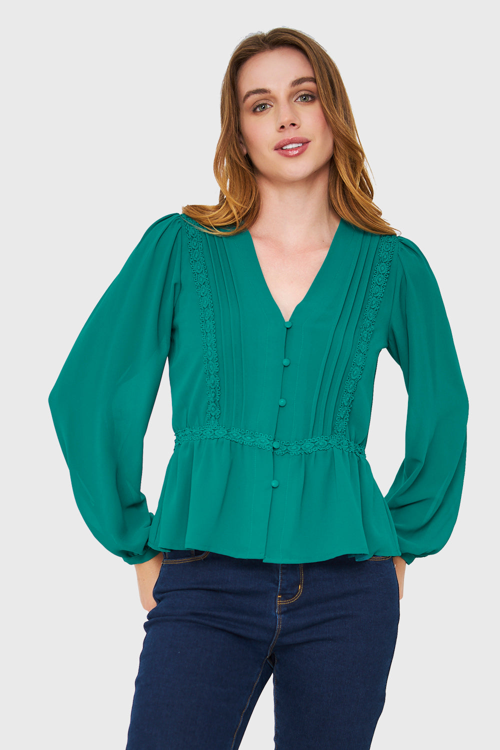 Blusa Peplum Botones Verde Esmeralda
