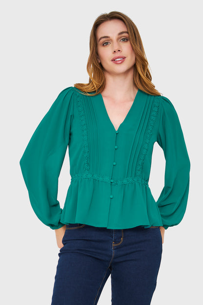 Blusa Peplum Botones Verde Esmeralda