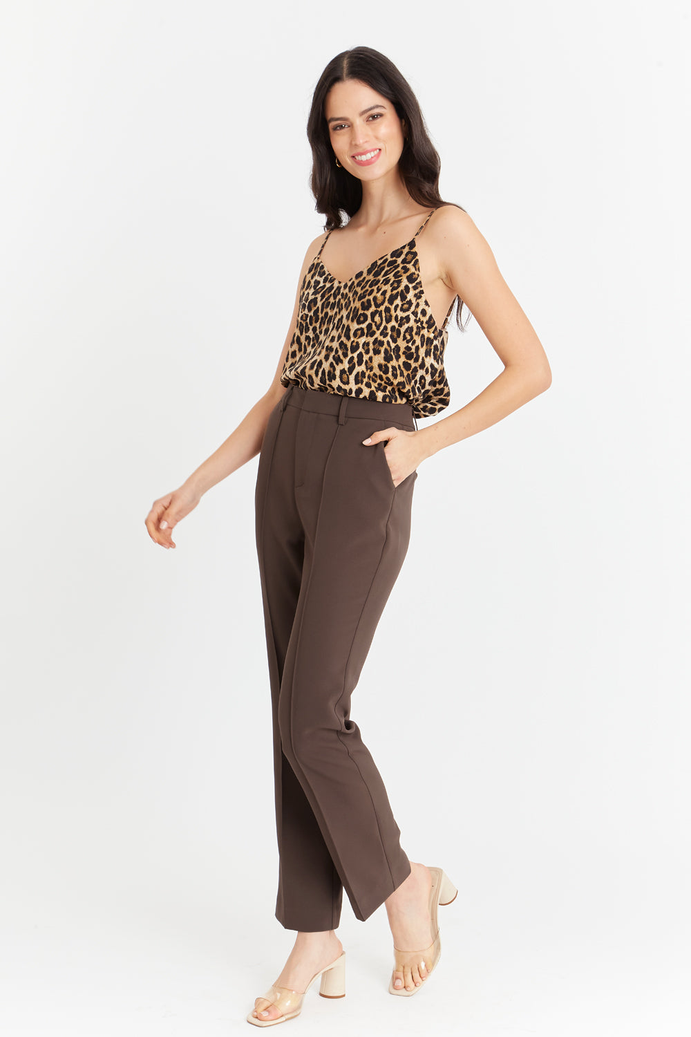 Pantalón Vestir Costuras Frontales Café