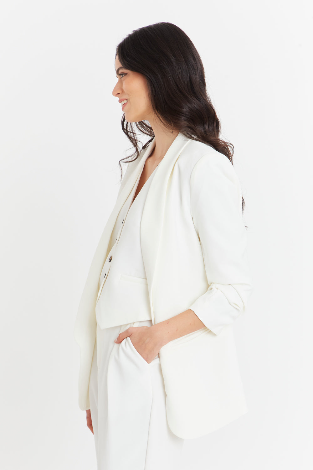 Blazer Manga 3/4 Ajustada Con Pliegues Blanco
