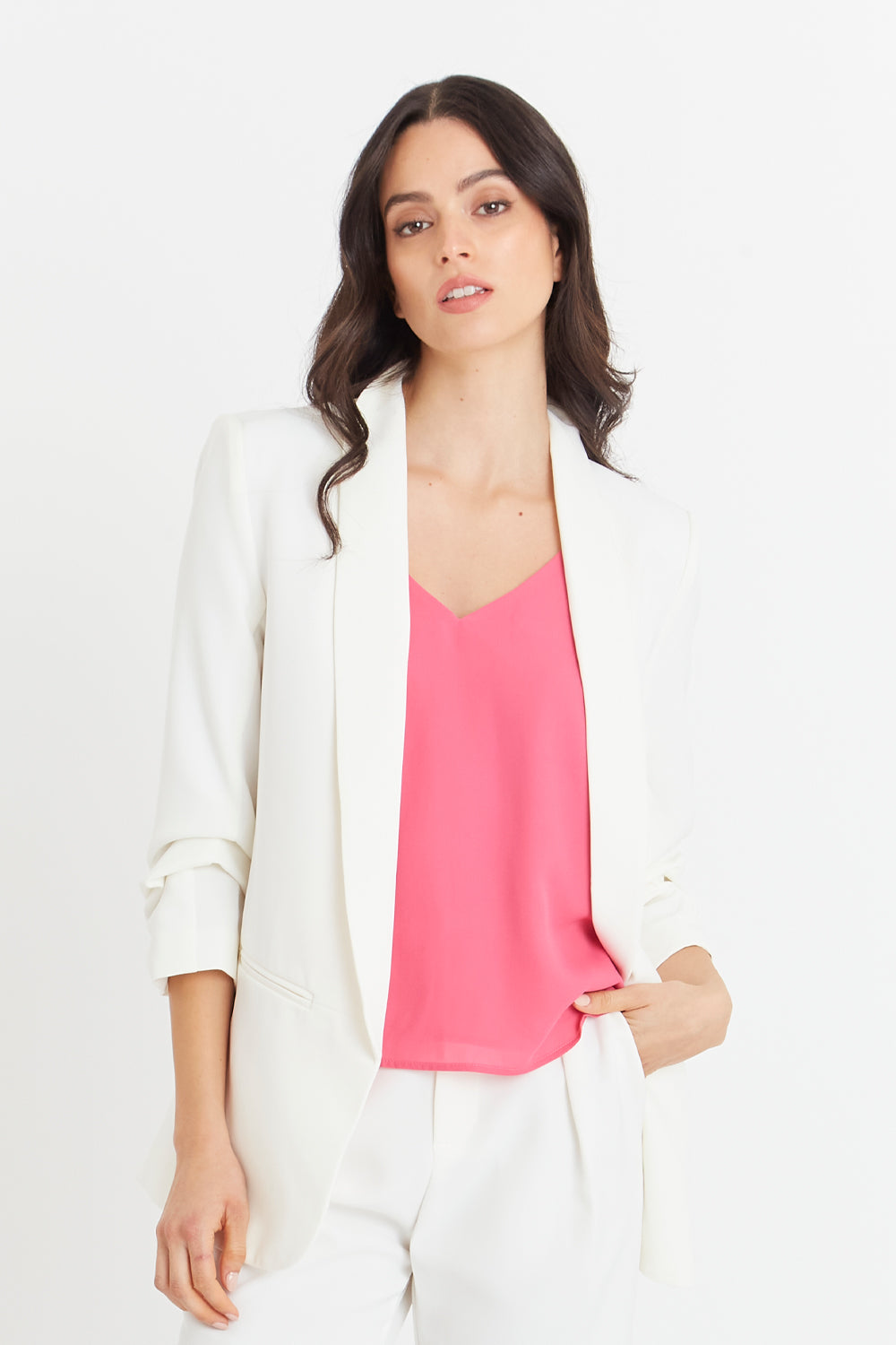 Blazer Manga 3/4 Ajustada Con Pliegues Blanco