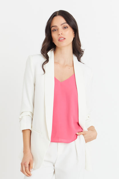 Blazer Manga 3/4 Ajustada Con Pliegues Blanco