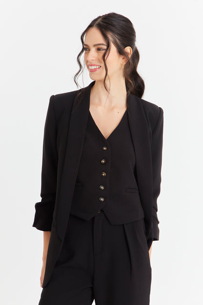 Blazer Manga 3/4 Ajustada Con Pliegues Negro