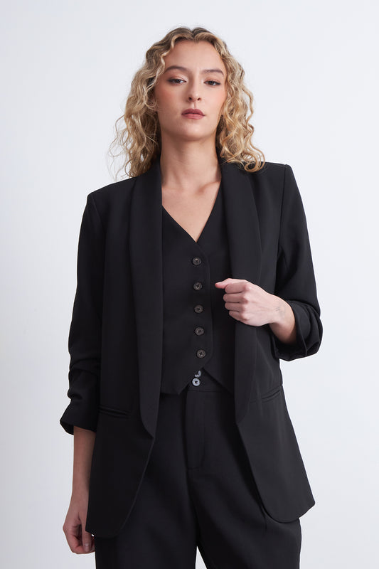 Blazer Manga 3/4 Ajustado con Solapas Negro