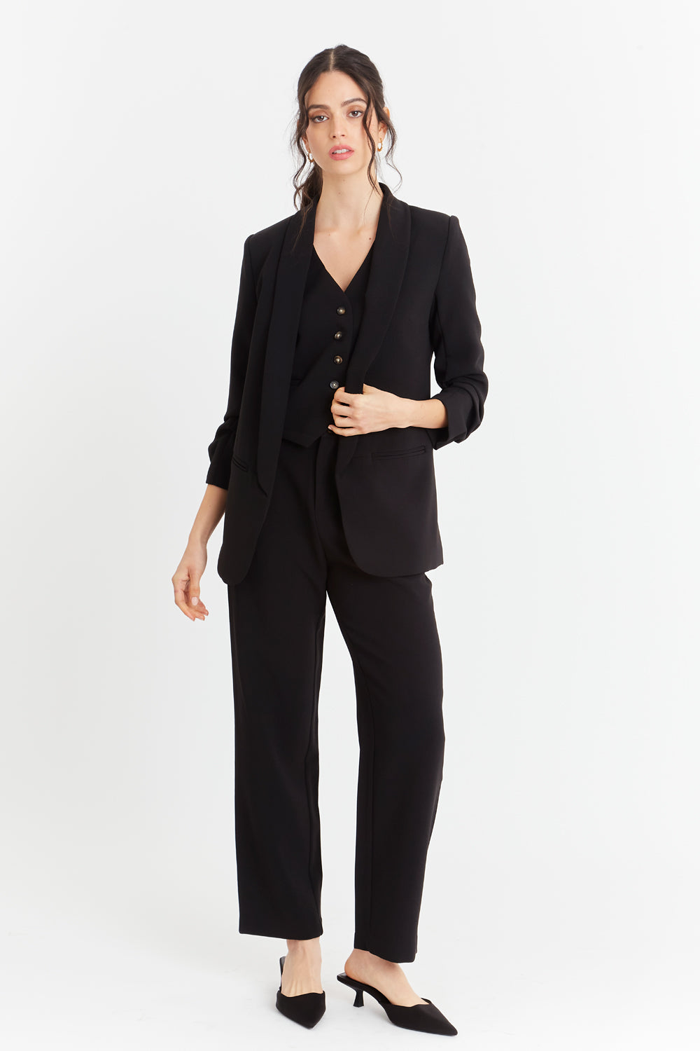 Blazer Manga 3/4 Ajustada Con Pliegues Negro